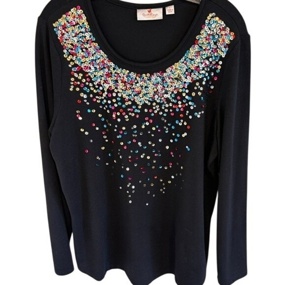 Quacker Factory Women's Multicolor Sequined Long Sleeve Black Tunic Blouse LG